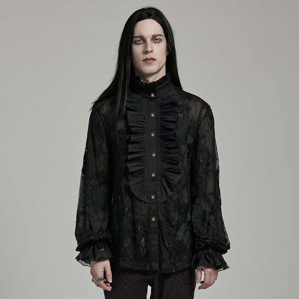 PUNK RAVE Men's Gothic Stand Collar Ruffled Lace Shirt