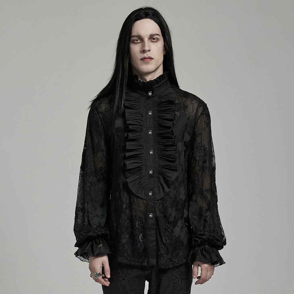 Men's Gothic Stand Collar Ruffled Lace Shirt – Punk Design