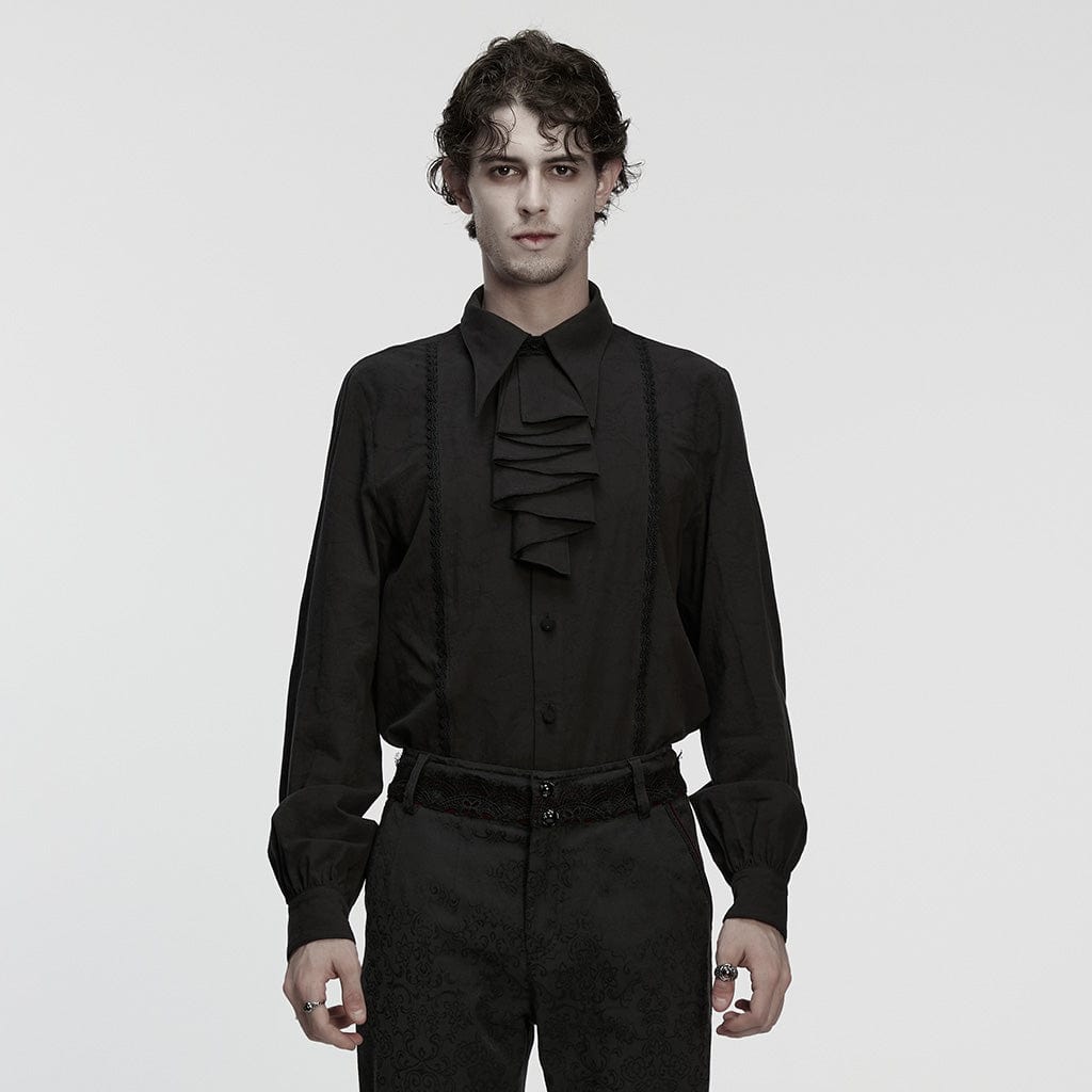 PUNK RAVE Men's Gothic Turn-down Collar Puff Sleeved Shirt with Detachable Necktie Black