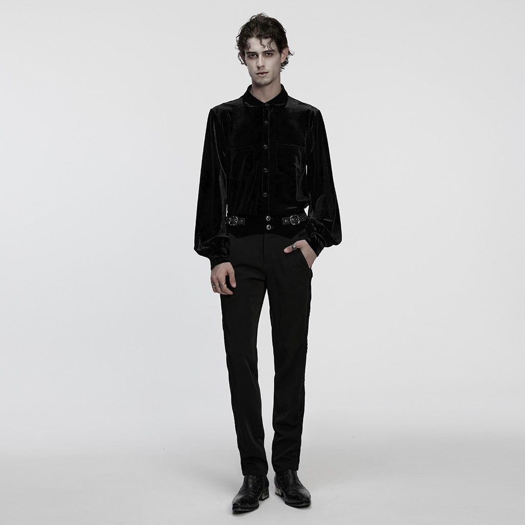 PUNK RAVE Men's Gothic Turn-down Collar Puff Sleeved Velvet Shirt Black