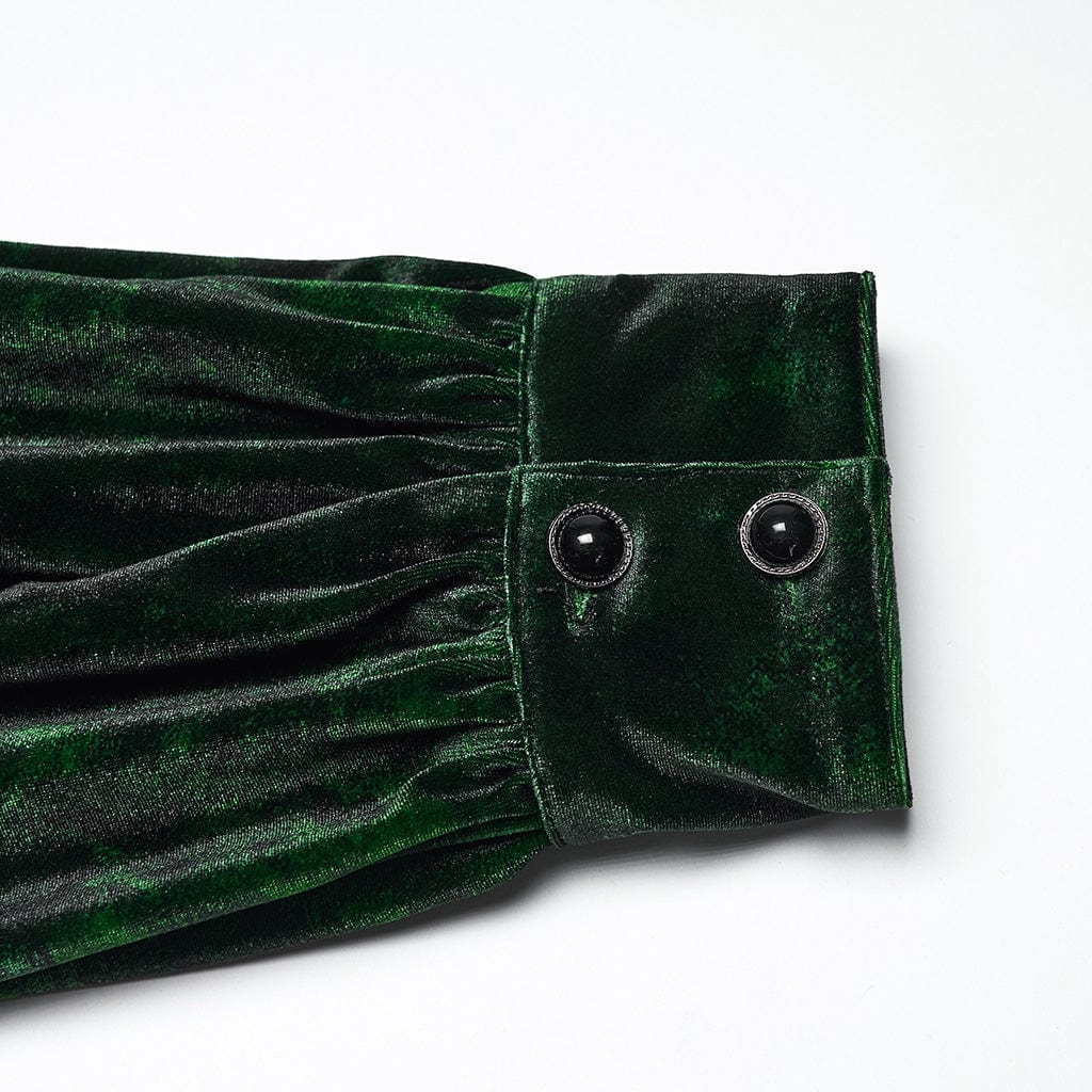 PUNK RAVE Men's Gothic Turn-down Collar Puff Sleeved Velvet Shirt Black-Green