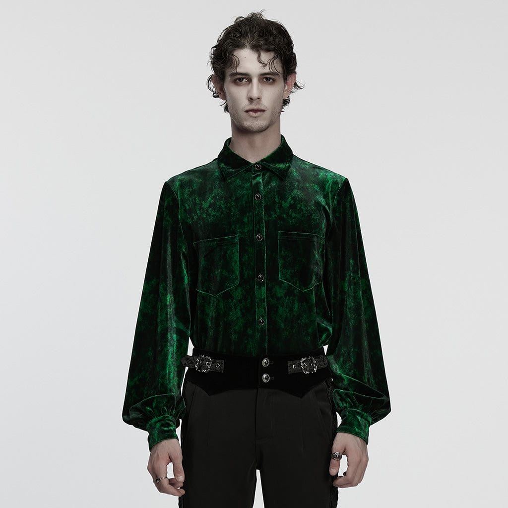 PUNK RAVE Men's Gothic Turn-down Collar Puff Sleeved Velvet Shirt Black-Green