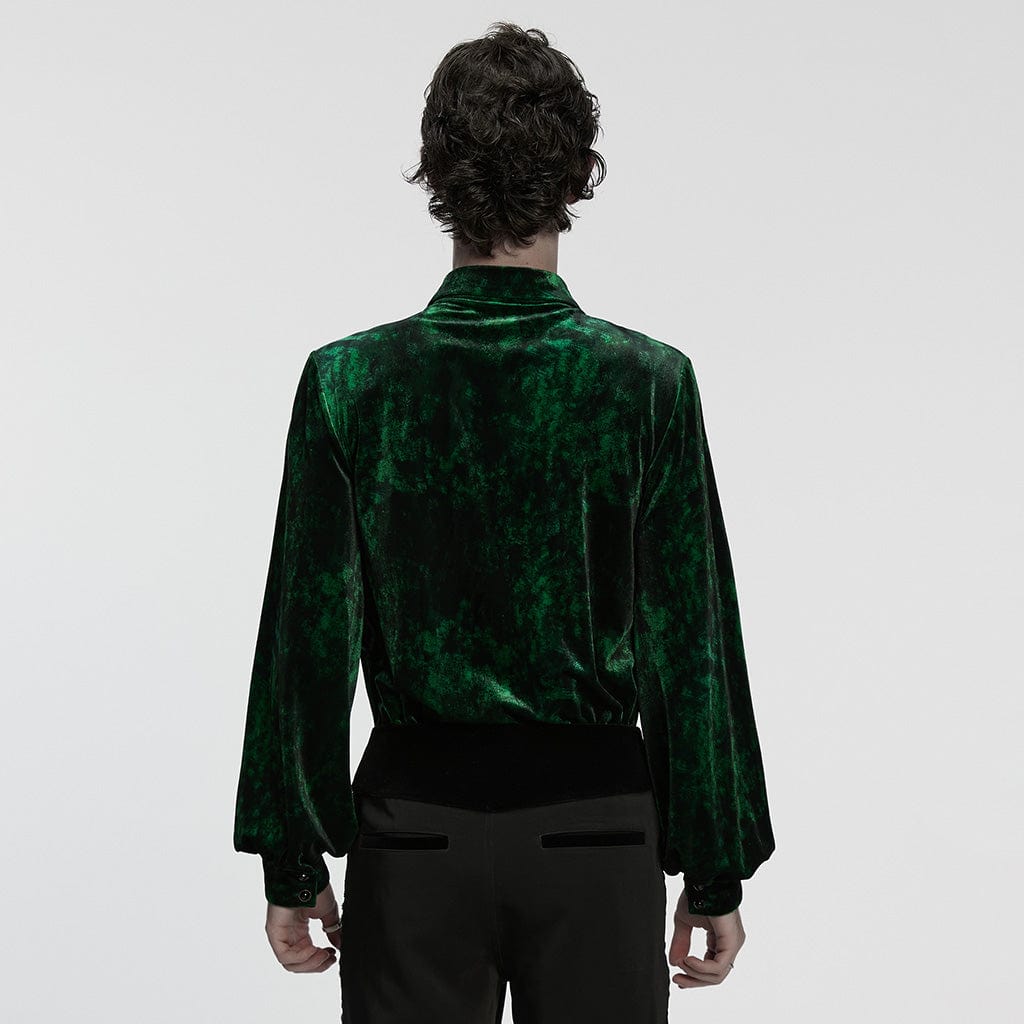 PUNK RAVE Men's Gothic Turn-down Collar Puff Sleeved Velvet Shirt Black-Green