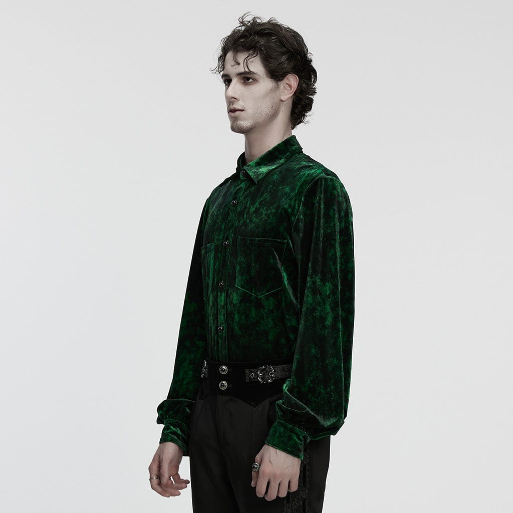 PUNK RAVE Men's Gothic Turn-down Collar Puff Sleeved Velvet Shirt Black-Green