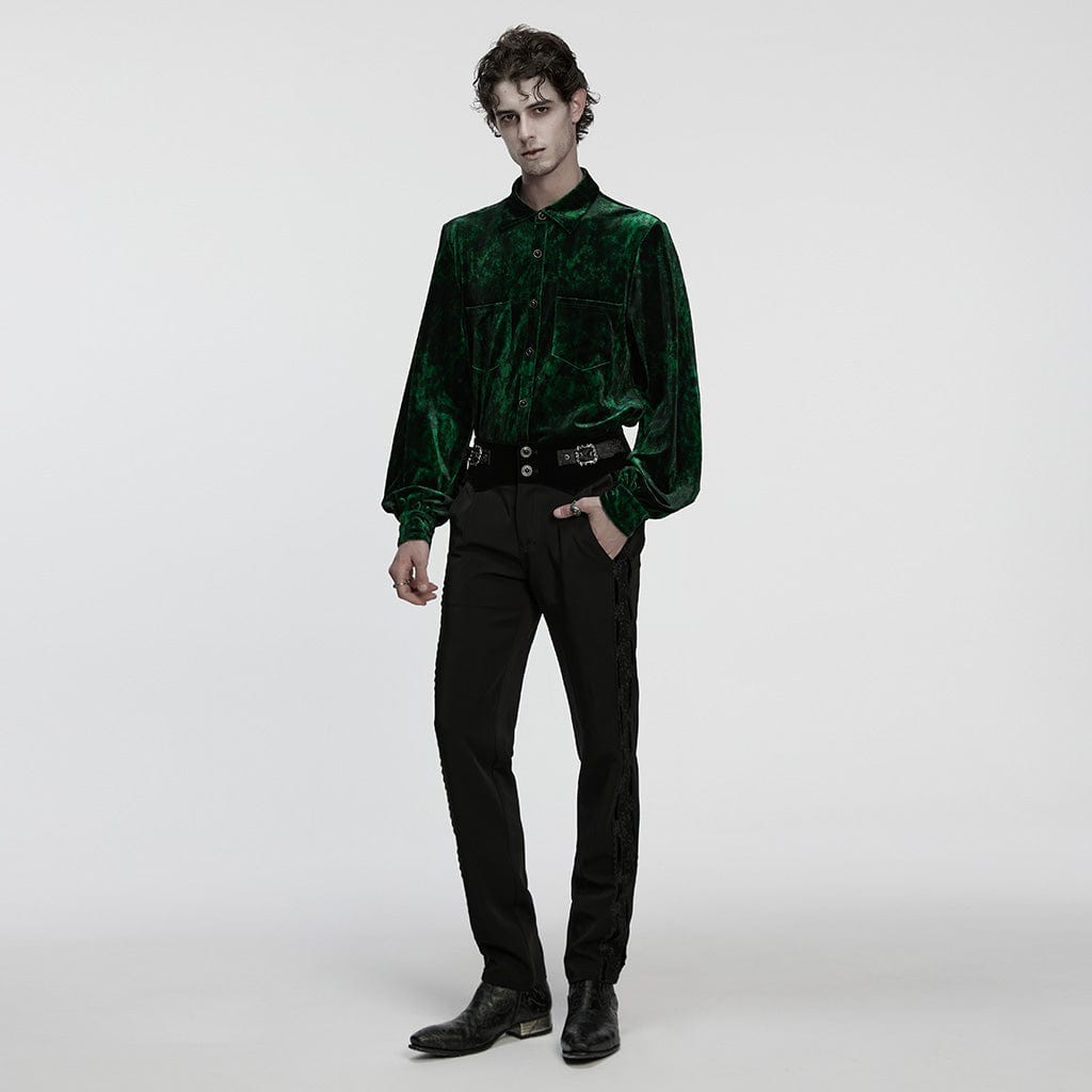PUNK RAVE Men's Gothic Turn-down Collar Puff Sleeved Velvet Shirt Black-Green