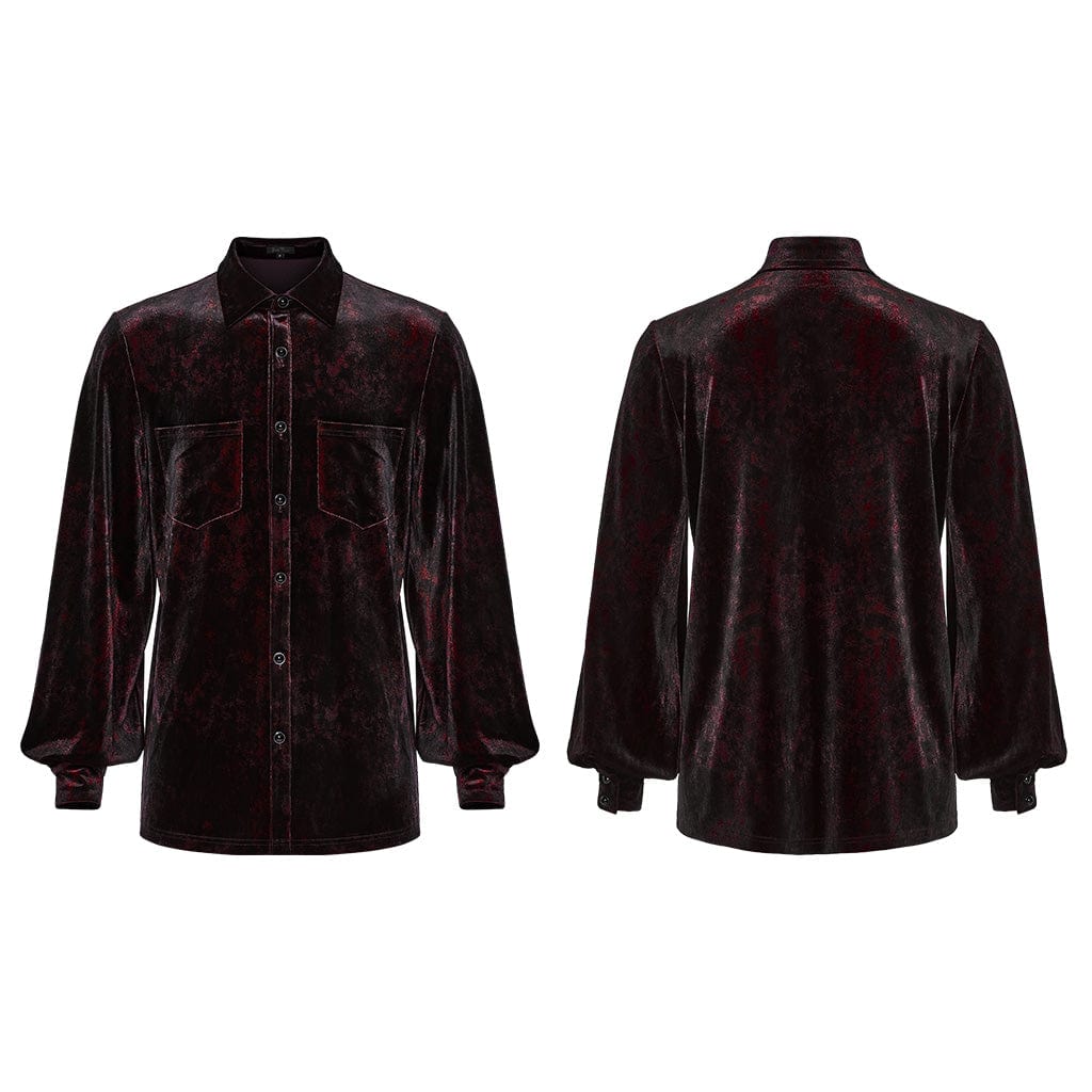 PUNK RAVE Men's Gothic Turn-down Collar Puff Sleeved Velvet Shirt Black-Red