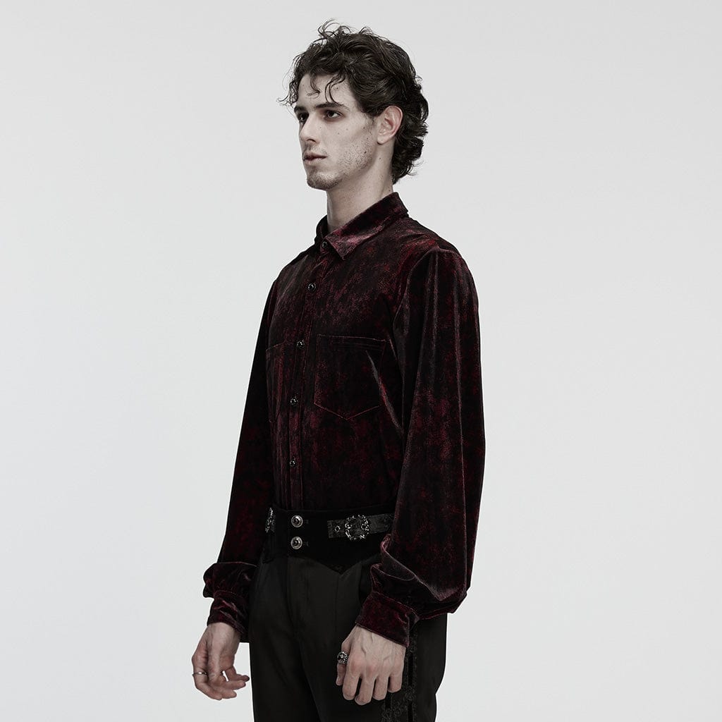 PUNK RAVE Men's Gothic Turn-down Collar Puff Sleeved Velvet Shirt Black-Red