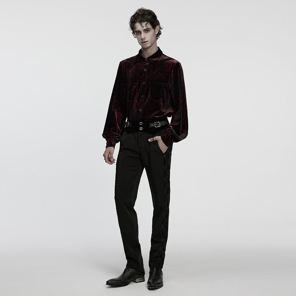 PUNK RAVE Men's Gothic Turn-down Collar Puff Sleeved Velvet Shirt Black-Red