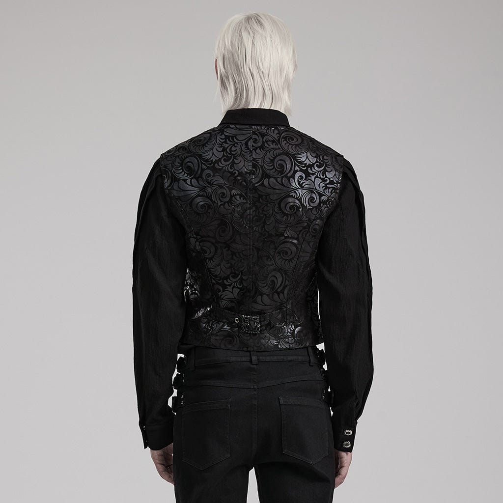 PUNK RAVE Men's Gothic V-neck Floral Printed Faux Leather Vest