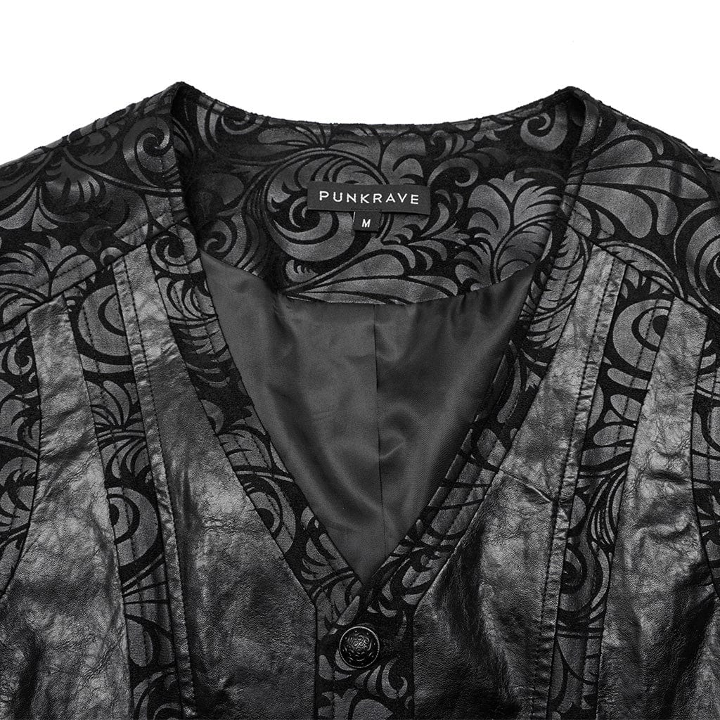PUNK RAVE Men's Gothic V-neck Floral Printed Faux Leather Vest