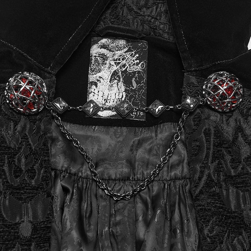 PUNK RAVE Men's Gothic Velvet Chain Stand Collar Long Cloak Black