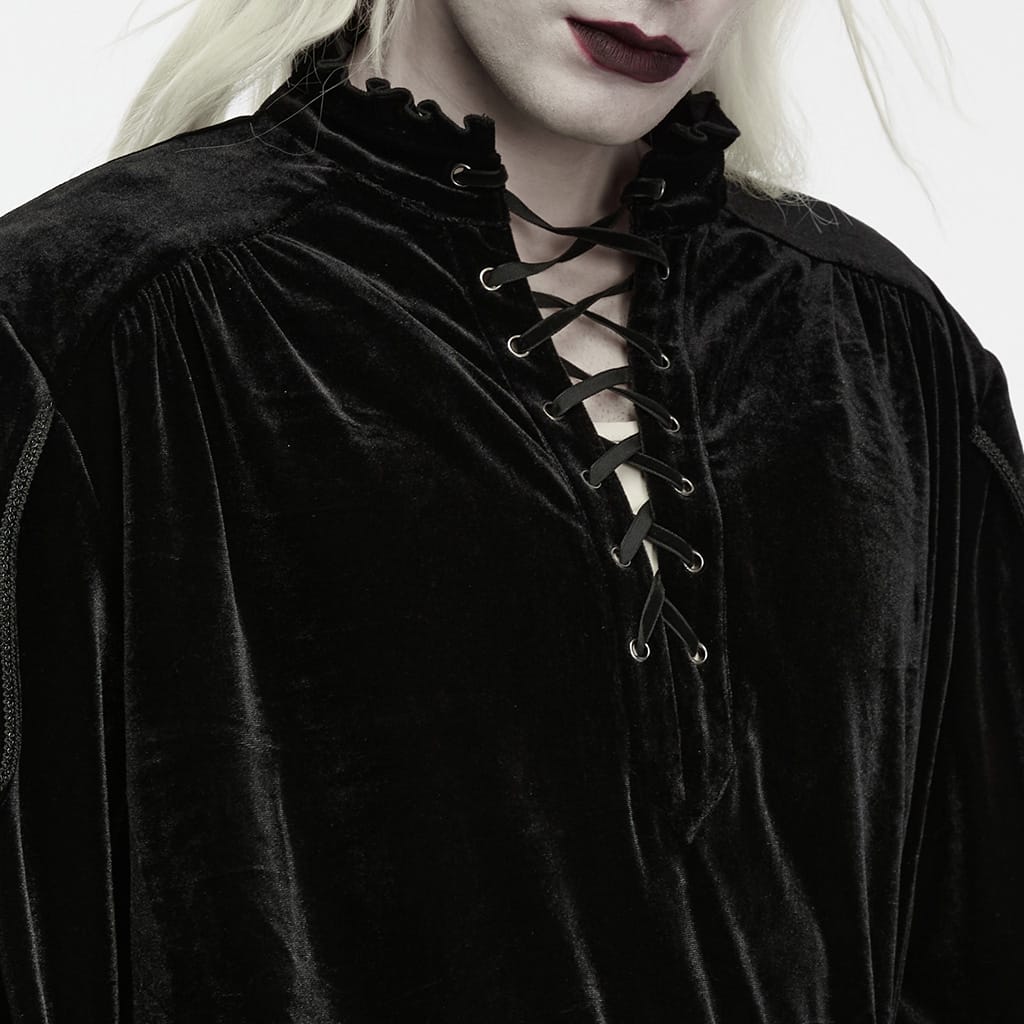 PUNK RAVE Men's Gothic Velvet Lace-up Stand Collar Lantern Sleeve Top