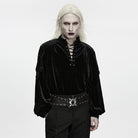PUNK RAVE Men's Gothic Velvet Lace-up Stand Collar Lantern Sleeve Top