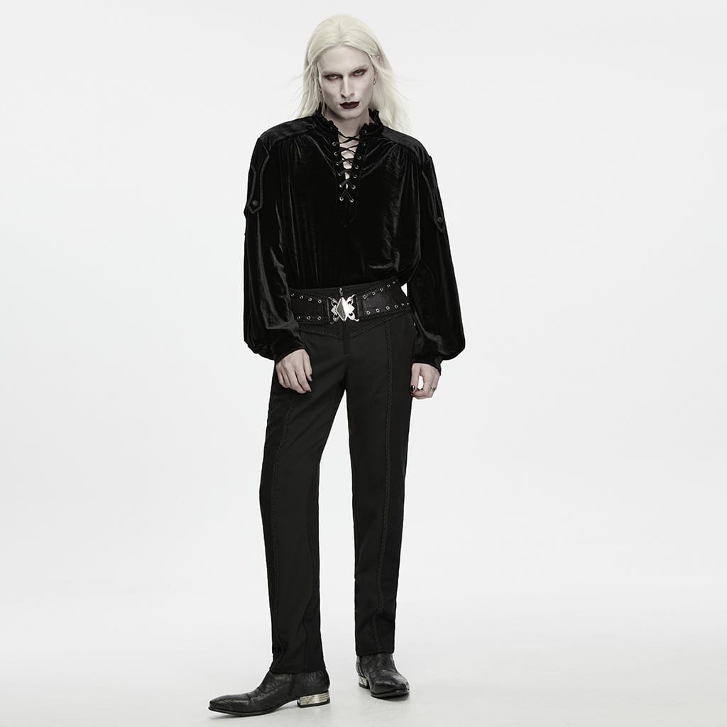 PUNK RAVE Men's Gothic Velvet Lace-up Stand Collar Lantern Sleeve Top