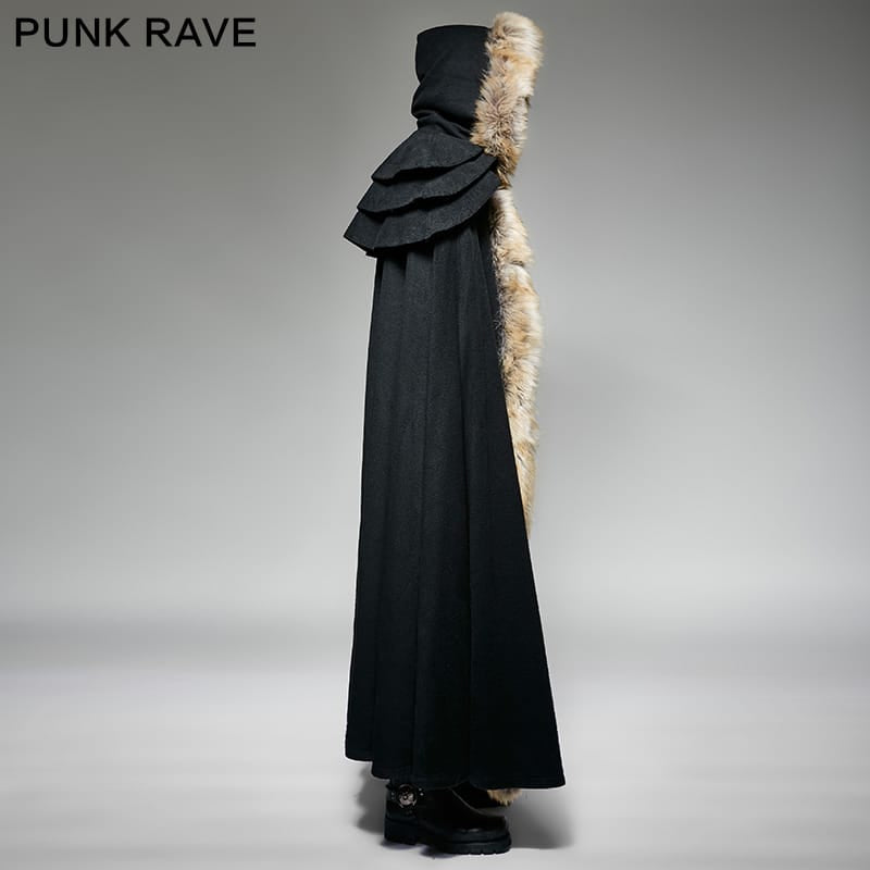 PUNK RAVE Men's Gothic Woolen Hooded Maxi Coat