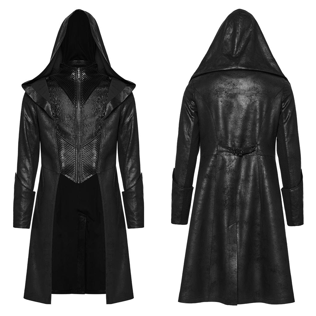 PUNK RAVE Men's Gothic Zip Pleated Jacket with Hood