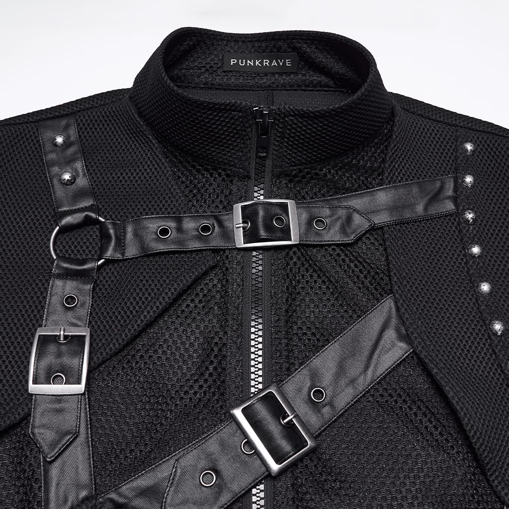 PUNK RAVE Gilet da uomo punk con spalline asimmetriche e inserti in rete