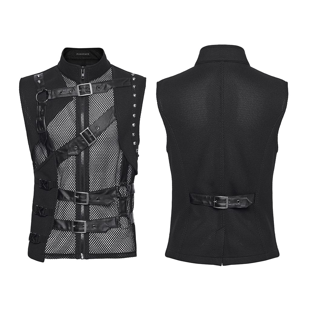 PUNK RAVE Gilet da uomo punk con spalline asimmetriche e inserti in rete