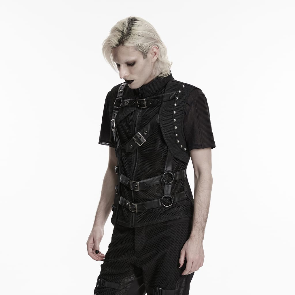 PUNK RAVE Gilet da uomo punk con spalline asimmetriche e inserti in rete