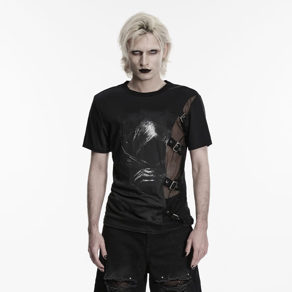 PUNK RAVE Men's Punk Asymmetric Buckle-up Straps Printed Shirt