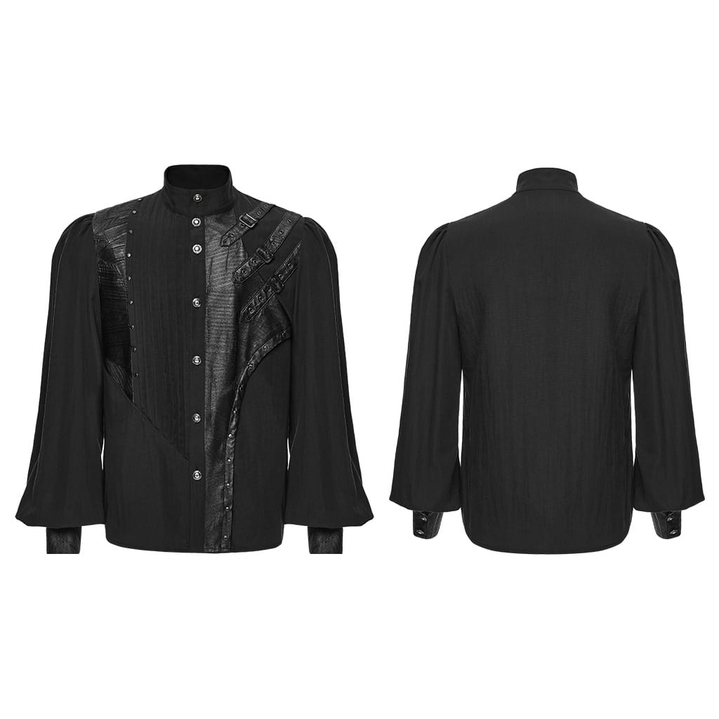 PUNK RAVE Men's Punk Asymmetric Pleated Stand Collar Bishop Sleeve Shirt