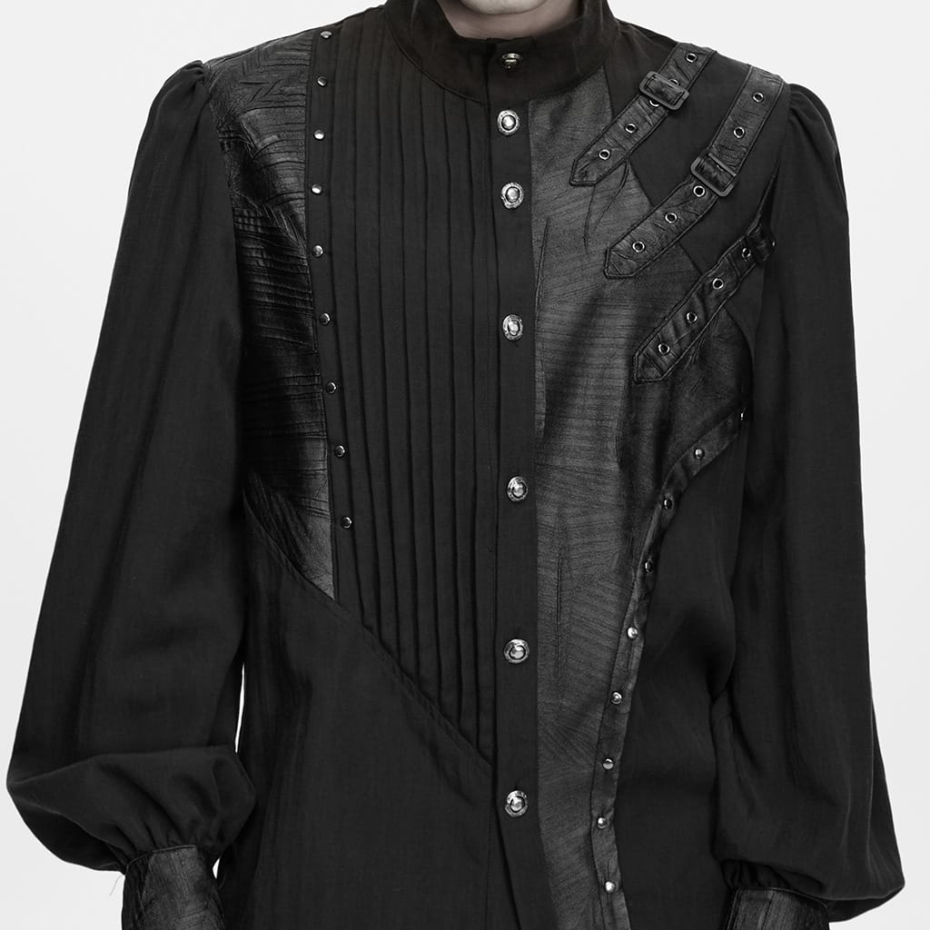 PUNK RAVE Men's Punk Asymmetric Pleated Stand Collar Bishop Sleeve Shirt
