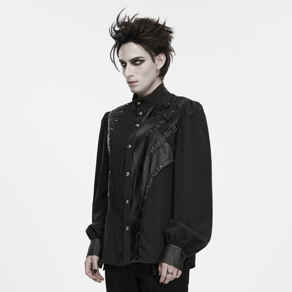 PUNK RAVE Men's Punk Asymmetric Pleated Stand Collar Bishop Sleeve Shirt