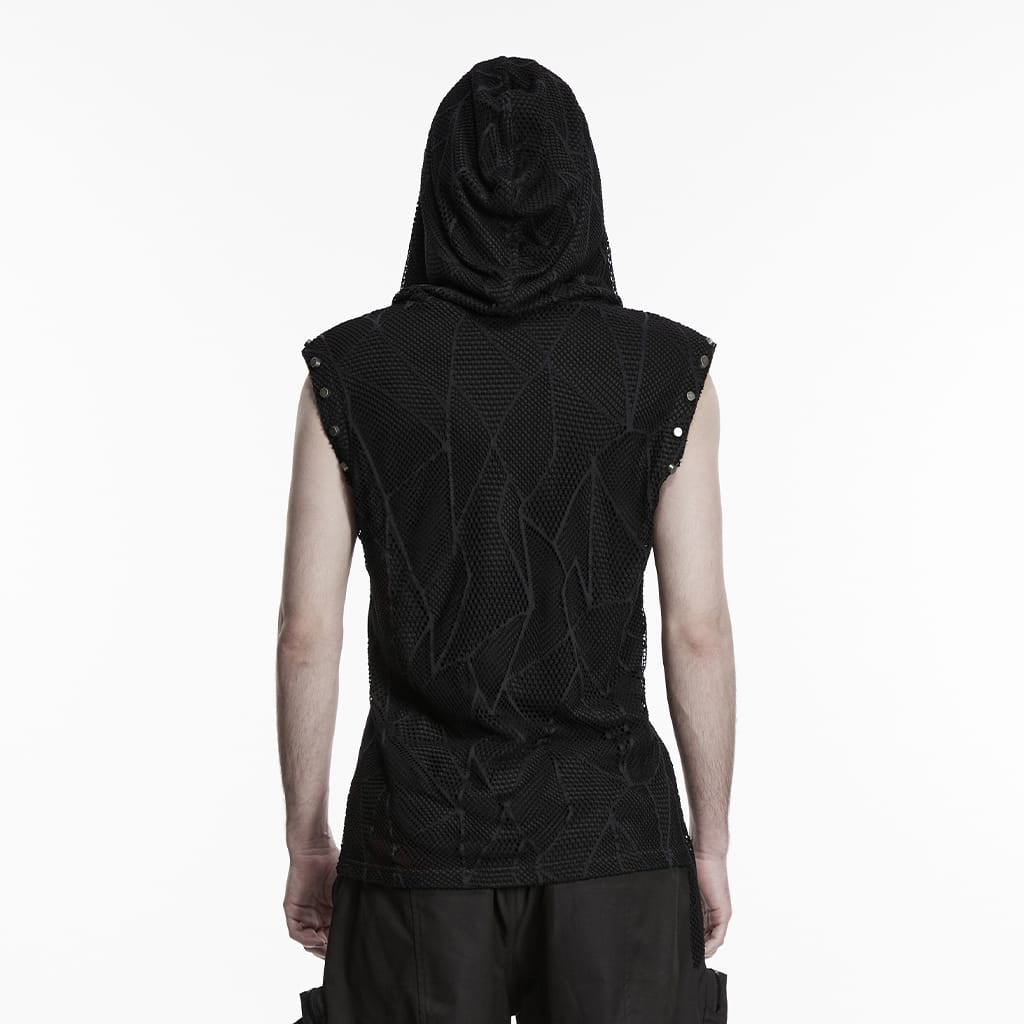 PUNK RAVE Men's Punk Asymmetric Printed Hooded Tank Top Black