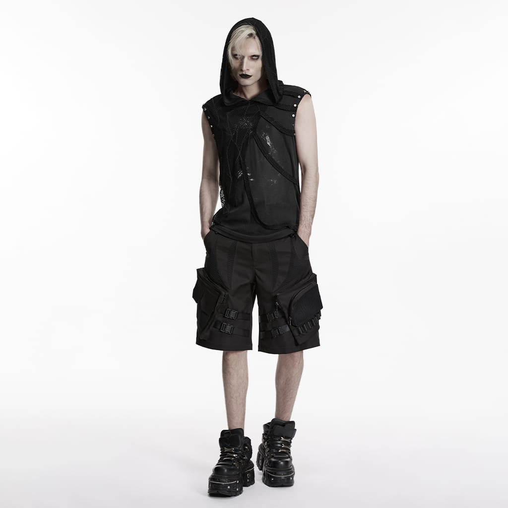 PUNK RAVE Men's Punk Asymmetric Printed Hooded Tank Top Black