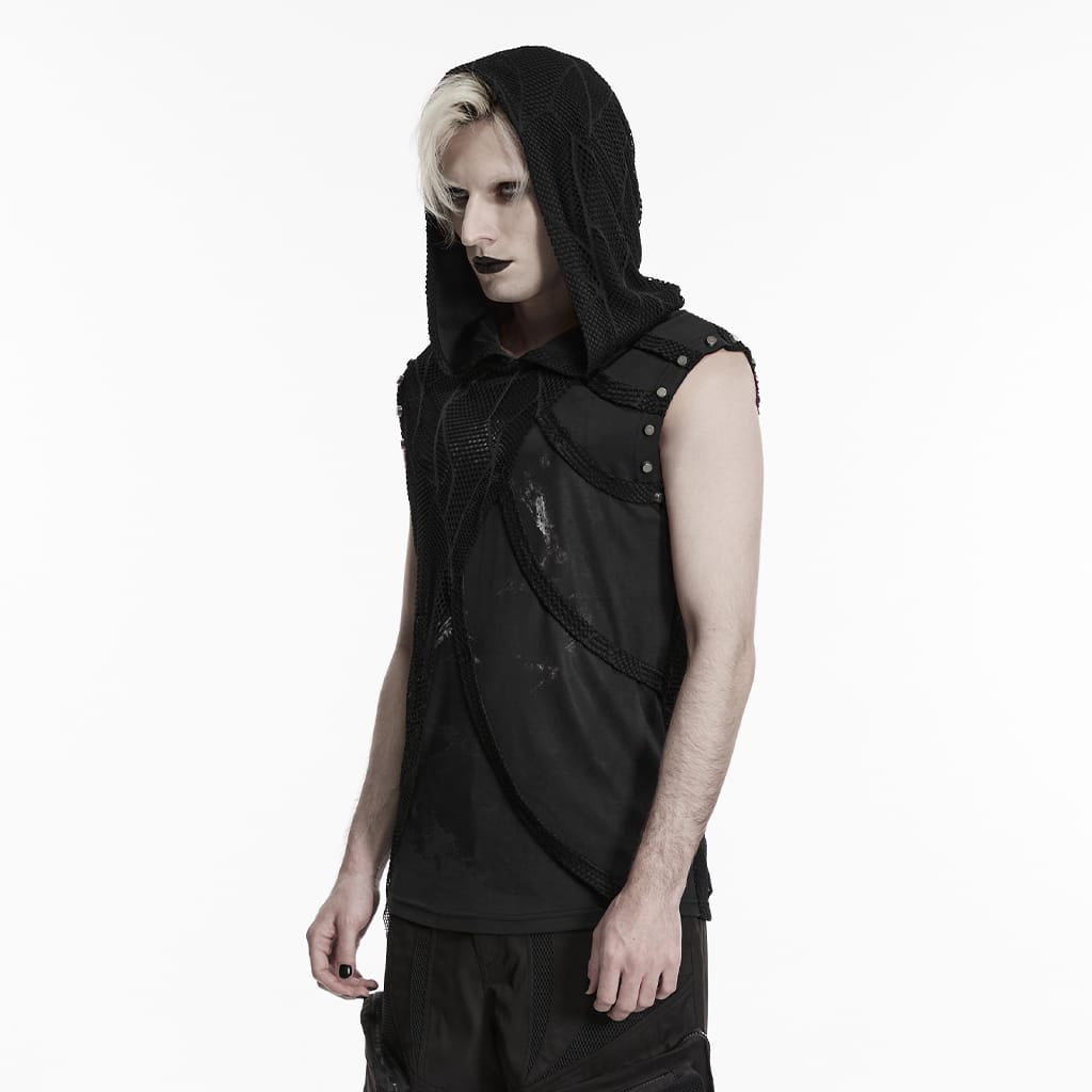 PUNK RAVE Men's Punk Asymmetric Printed Hooded Tank Top Black