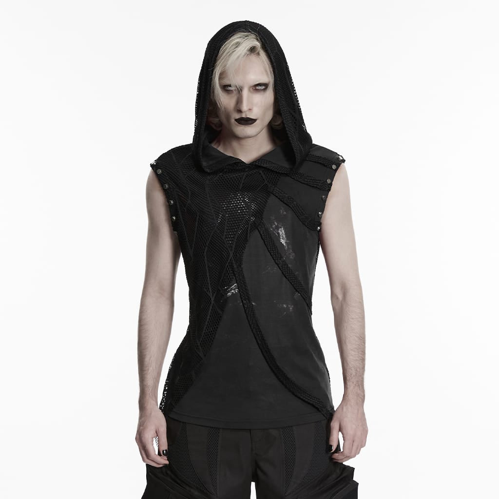 Men's Punk Asymmetric Printed Hooded Tank Top Black – Punk Design