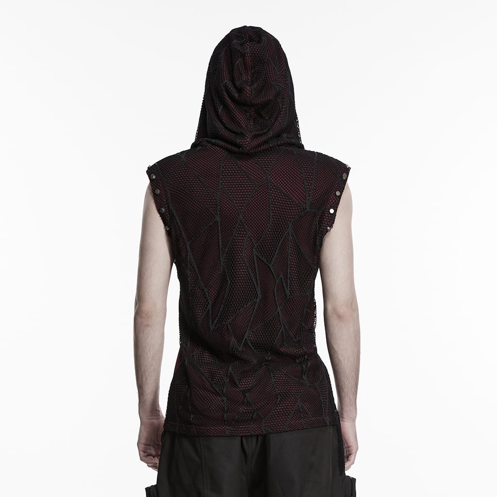 PUNK RAVE Men's Punk Asymmetric Printed Hooded Tank Top Black-Red