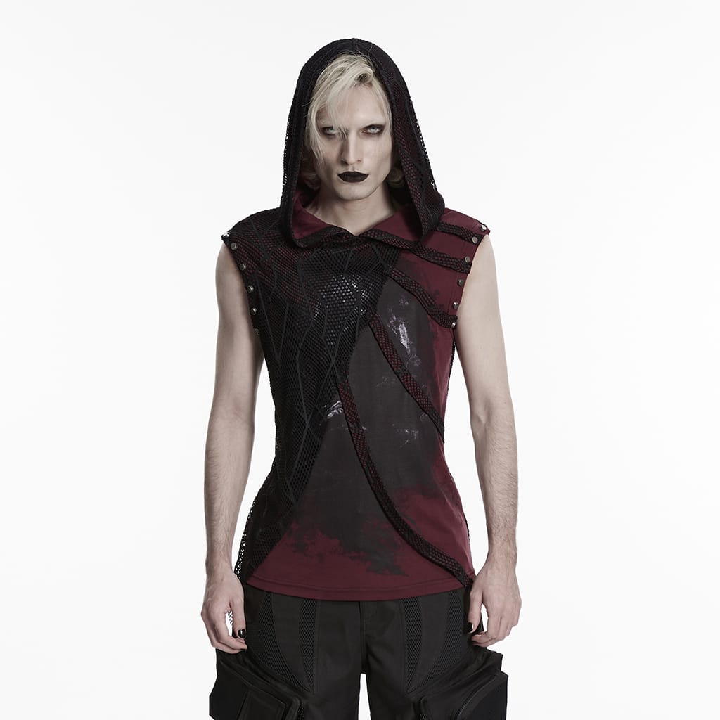 PUNK RAVE Men's Punk Asymmetric Printed Hooded Tank Top Black-Red