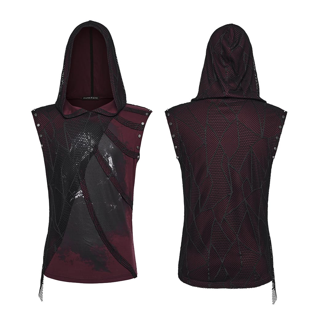 PUNK RAVE Men's Punk Asymmetric Printed Hooded Tank Top Black-Red