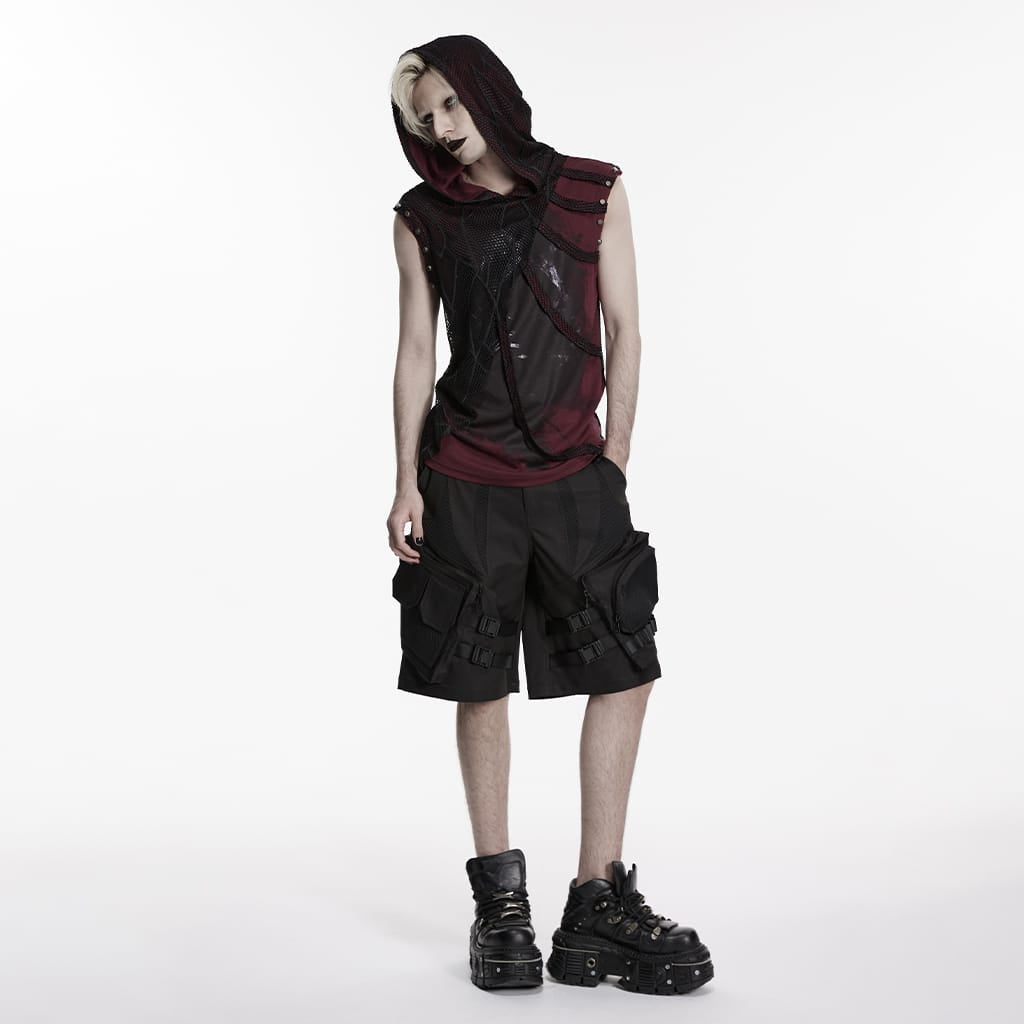 PUNK RAVE Men's Punk Asymmetric Printed Hooded Tank Top Black-Red