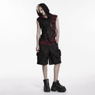 PUNK RAVE Men's Punk Asymmetric Printed Hooded Tank Top Black-Red