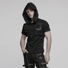 PUNK RAVE Men's Punk Big-pocket Buckle Strap Hooded T-shirt