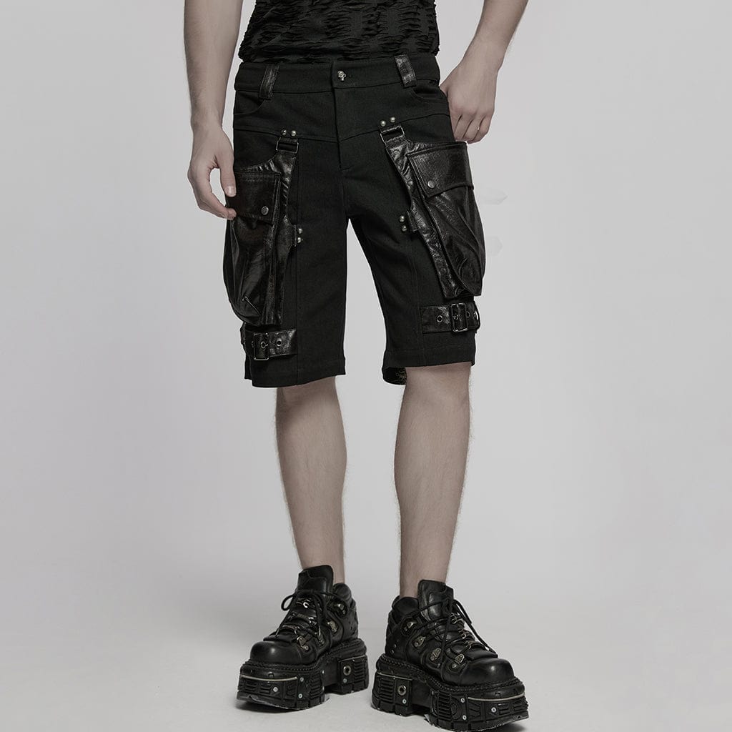 Men's Punk Big-pocket Faux Leather Splice Shorts – Punk Design