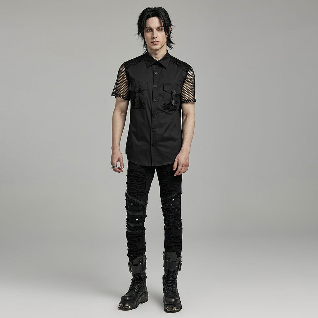 PUNK RAVE Men's Punk Big-pocket Mesh Splice Shirt