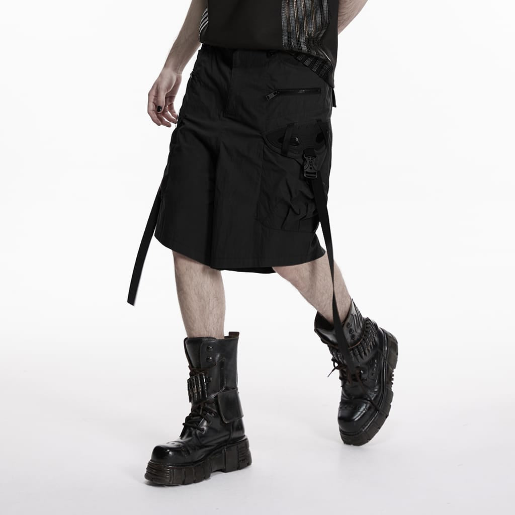 PUNK RAVE Men's Punk Big Pocket Strappy Shorts Black