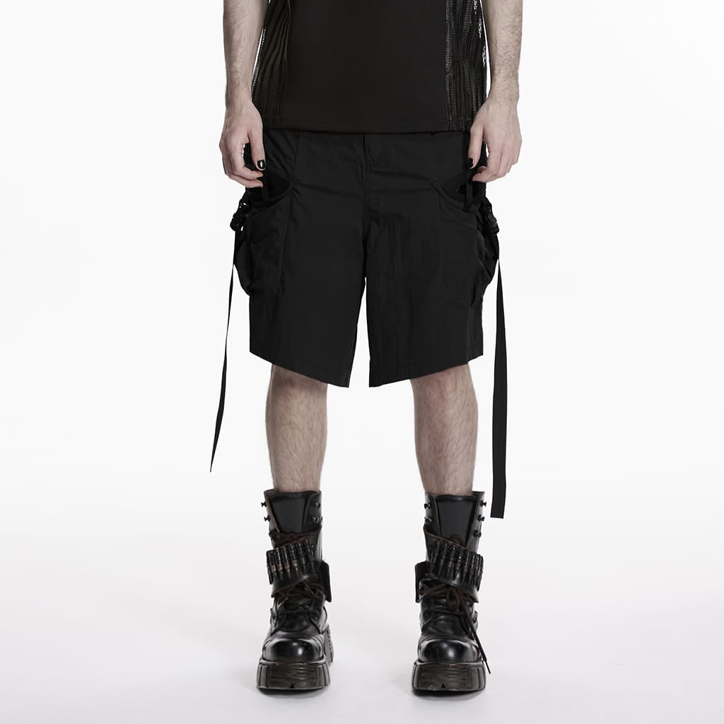 PUNK RAVE Men's Punk Big Pocket Strappy Shorts Black