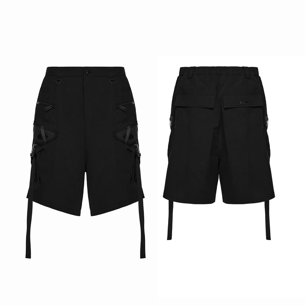 PUNK RAVE Men's Punk Big Pocket Strappy Shorts Black