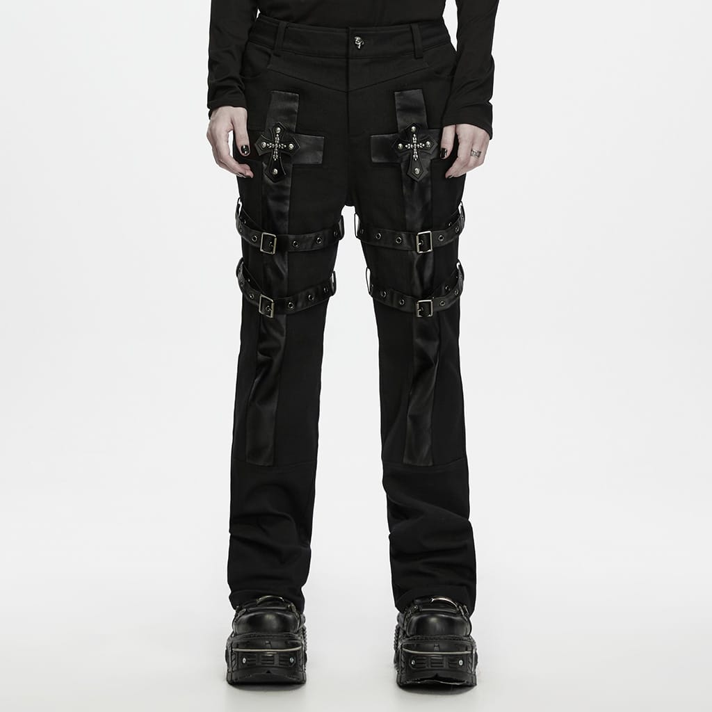 PUNK RAVE Men's Punk Buckle Strap Cross Patchwork Pants