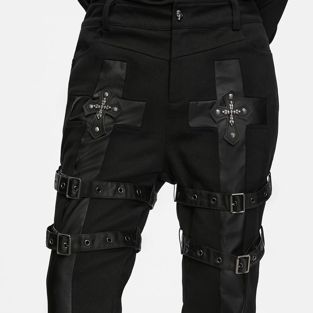 PUNK RAVE Men's Punk Buckle Strap Cross Patchwork Pants
