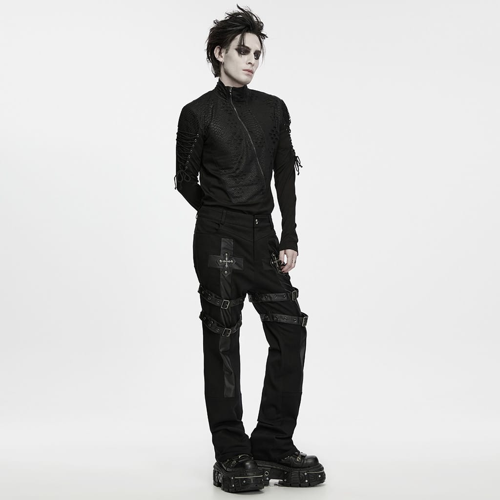 PUNK RAVE Men's Punk Buckle Strap Cross Patchwork Pants