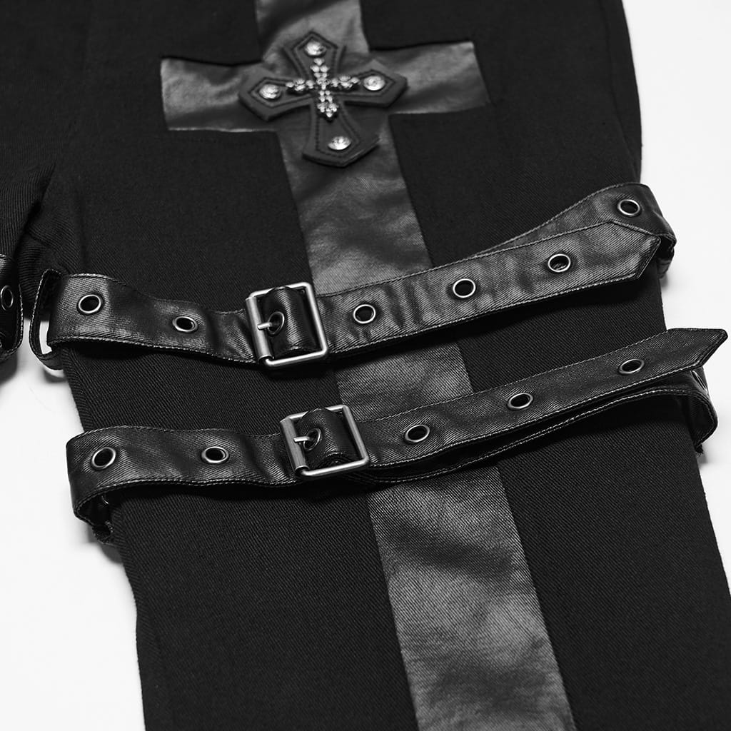 PUNK RAVE Men's Punk Buckle Strap Cross Patchwork Pants