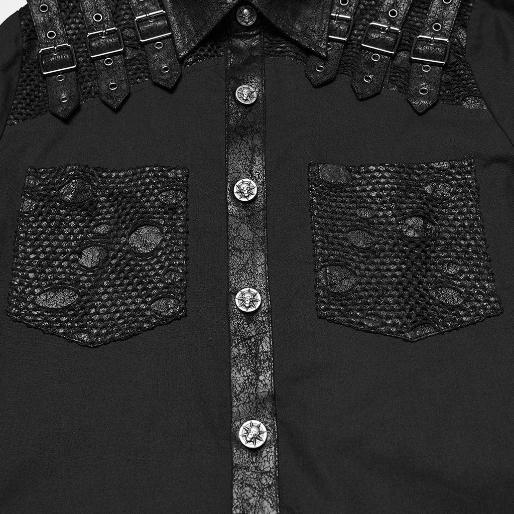 PUNK RAVE Men's Punk Buckle Strap Splice Turn-down Collar Shirt