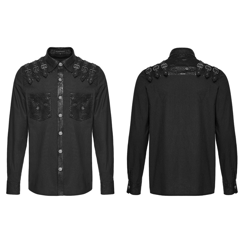 PUNK RAVE Men's Punk Buckle Strap Splice Turn-down Collar Shirt