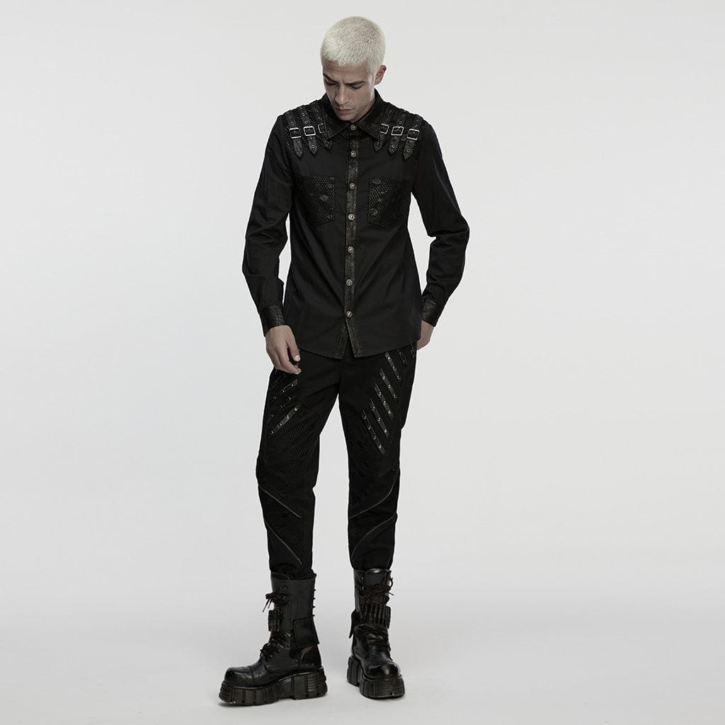 PUNK RAVE Men's Punk Buckle Strap Splice Turn-down Collar Shirt
