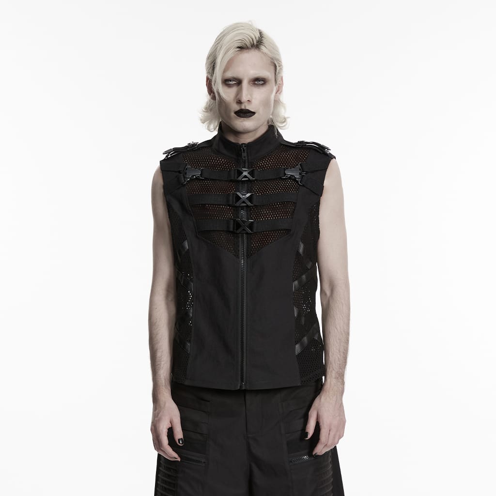 PUNK RAVE Men's Punk Buckle Straps Mesh Splice Vest